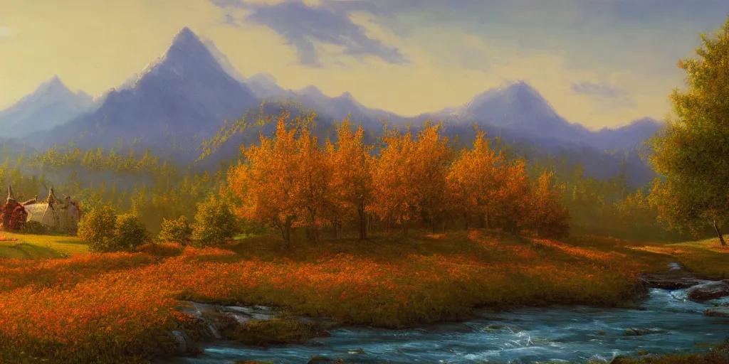 Prompt: painting of a FANTASY winery in autumn, with a river winding through them. In the distance, there are mountains. by bob ross, Albert Bierstadt, immaculate scale, hyper-realistic, trending on Artstation, 8k, detailed, atmospheric, immaculate