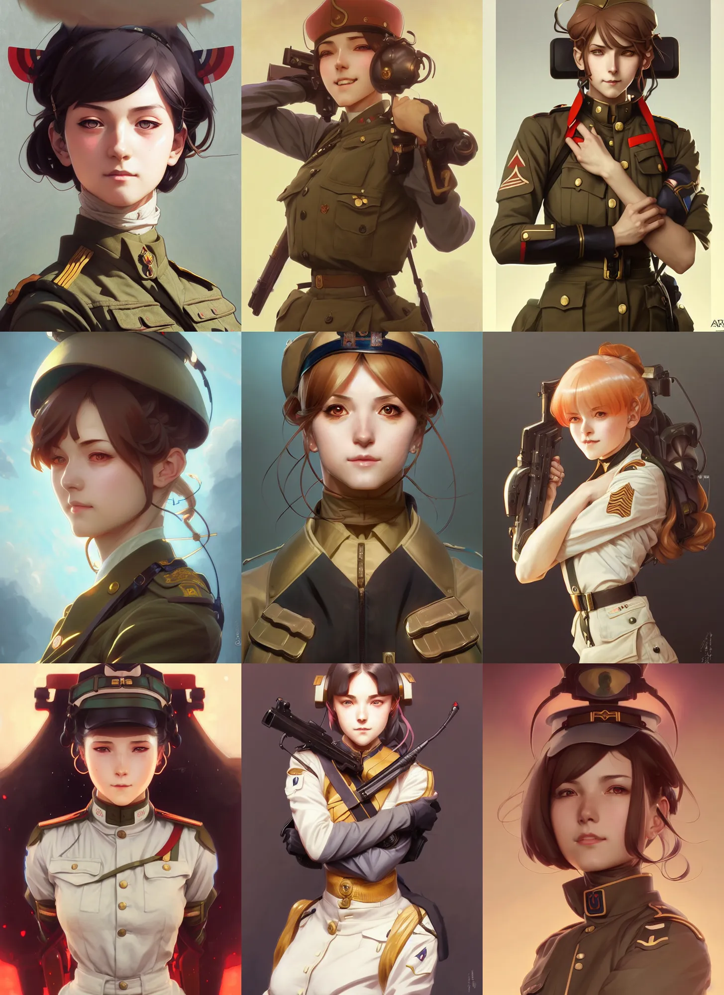 Prompt: symmetry!! portrait of an smiling enigmatic anime girl wwi soldier, anime, highly detailed, dynamic lighting, digital art, digital painting, artstation, wlop, sharp focus, illustration, art by artgerm and greg rutkowski and alphonse mucha, 8 k