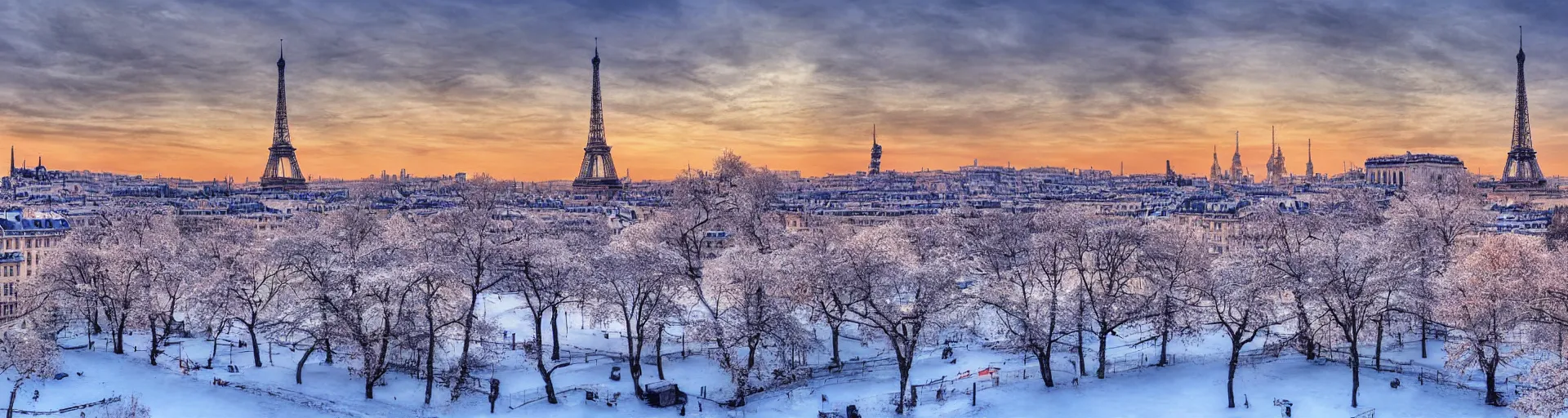 Prompt: beautiful snowy landscape of paris with a majestic sunrise, art, high detail, high definition, photorealistic, hdr,