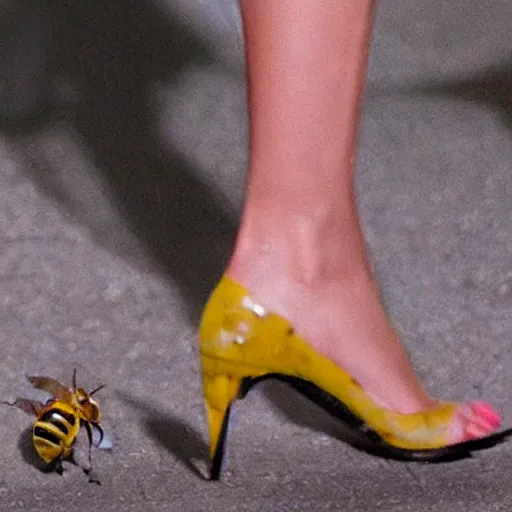 Image similar to Amber heard physically stepping ,steps on a tiny bee, photorealism, fake