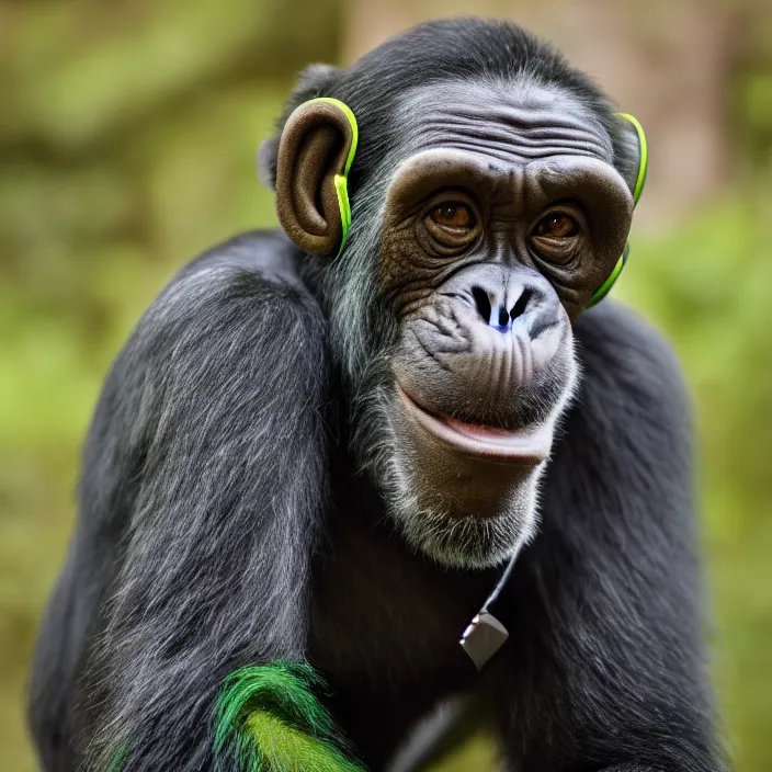 Image similar to a high quality photo of a green chimp wearing headphones, realism, 8k