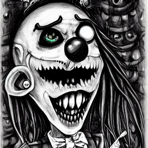 Prompt: grunge drawing of a cartoon clown monster with big bloody eyes and a wide smile by mrrevenge, corpse bride style, horror themed, detailed, elegant, intricate