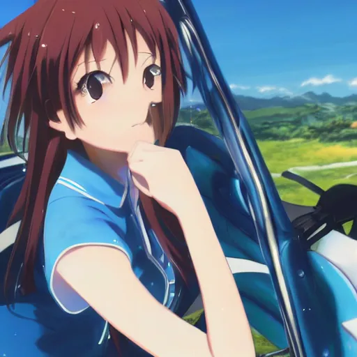 Image similar to close up of a high definition anime girl in a blue honda c90 with armenia quindio in the background , Artwork by Makoto Shinkai, pixiv, 8k, official media, wallpaper, hd