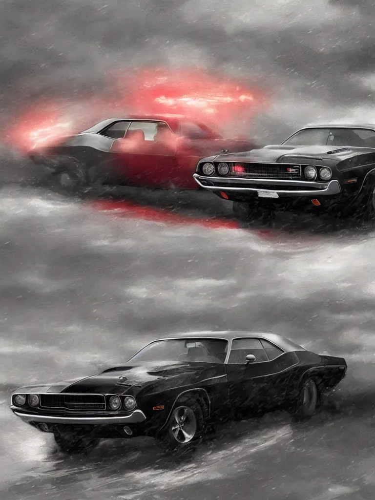 Prompt: a realistic detailed photo of karl havoc driving a 1 9 7 0 dodge challenger in the rain, character concept, cinematic lighting, global illumination radiating a glowing aura, i think you should leave