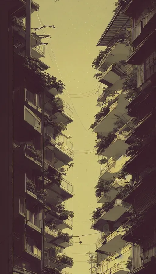 Image similar to hyper - realistic portrait of tokyo balcony at night, lots of signs and plants, in style of atey ghailan, by greg rutkowski, by greg tocchini, by james gilleard, by joe fenton, by kaethe butcher, dynamic lighting, gradient light yellow, brown, blonde cream and white color scheme, grunge aesthetic