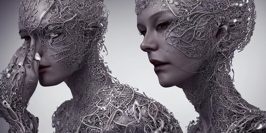 Image similar to realistic photography of a beautiful cyborg androgynous humanoid, holding close, in liquid, intricate filigree, in the style of beth cavener, jin kagetsu, wlop, highly detailed, symmetry, masterpiece, concept art, ringflash, highkey lighting, ambient lighting, octane render, 8 k, artstation