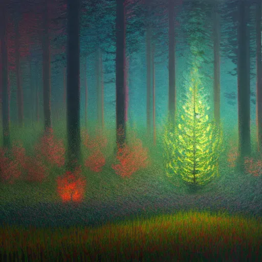 Image similar to A glowing forest by Simon Stålenhag and Claude Monet