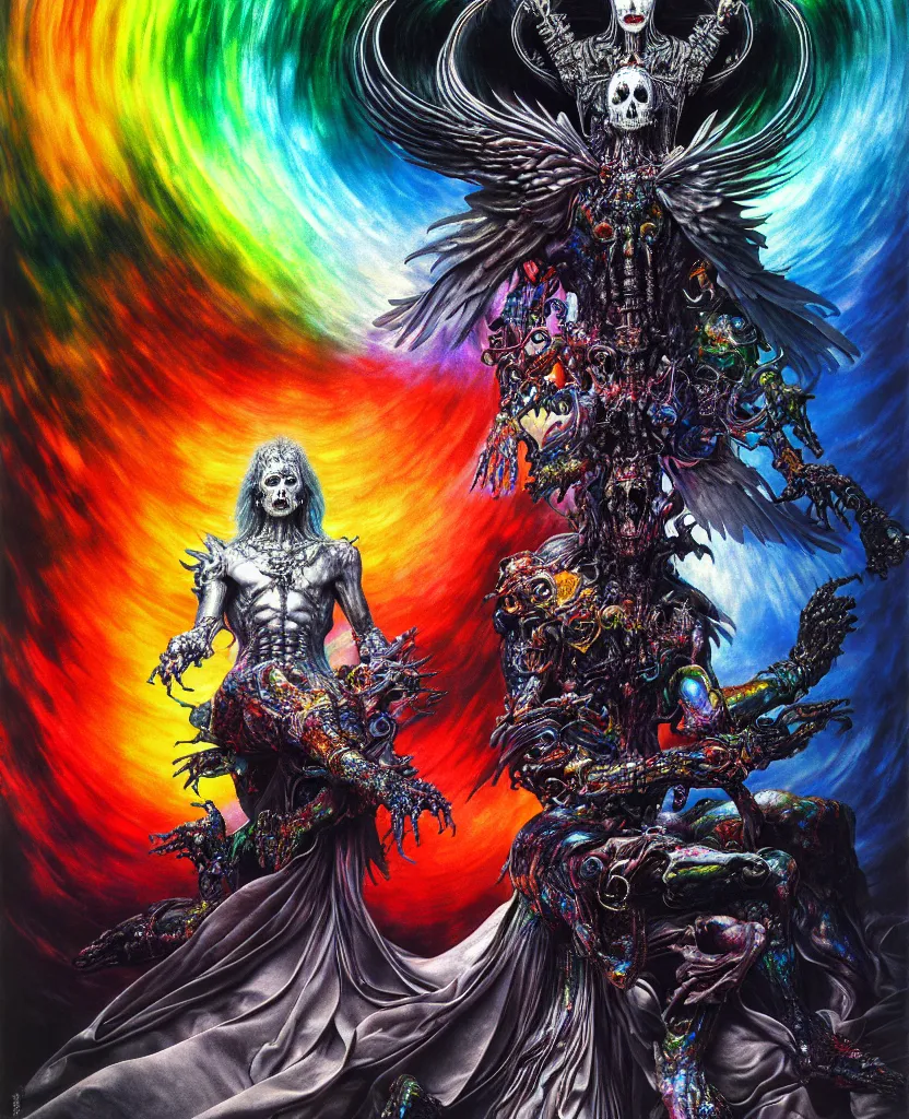 Image similar to realistic detailed image of ultra wrathful rainbow diamond iridescent mega chromed god of death, depth perception, depth of field, action horror by ayami kojima, neo - gothic, gothic, part by adrian ghenie and gerhard richter. art by wojtek siudmak, masterpiece