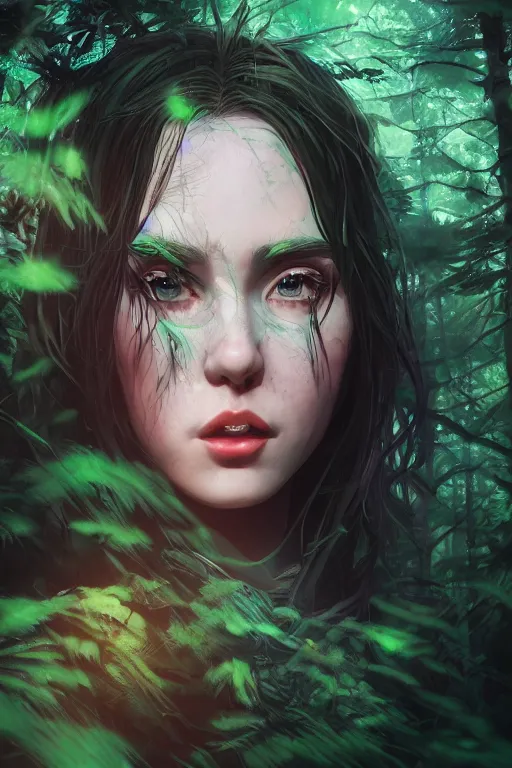 Image similar to woman in a dark forest, detailed plaid miniskirt, beautiful realistic face, detailed eyes, trending on artstation, by dan mumford, anime style, octane render, detailed close body