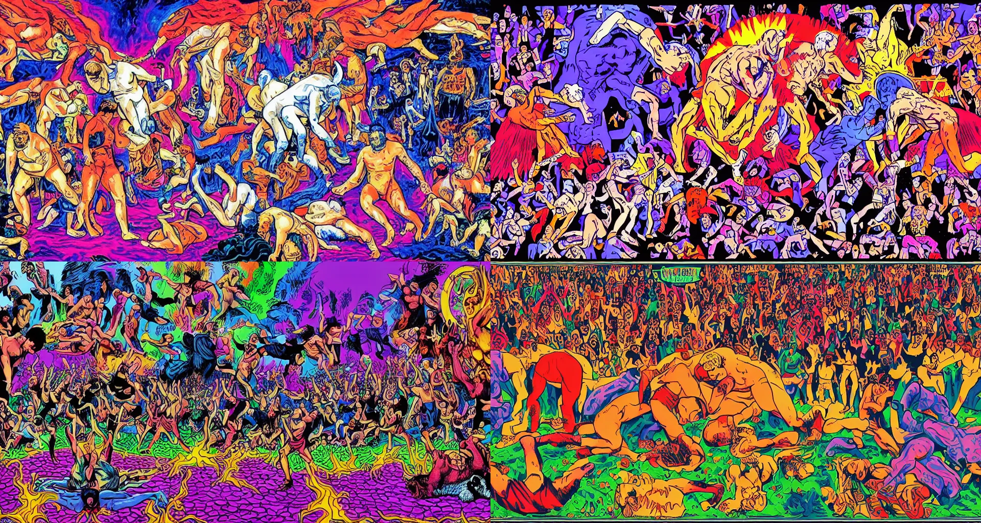 Prompt: a wrestling match between god and satan taking place on the white house lawn, psychedelic colors