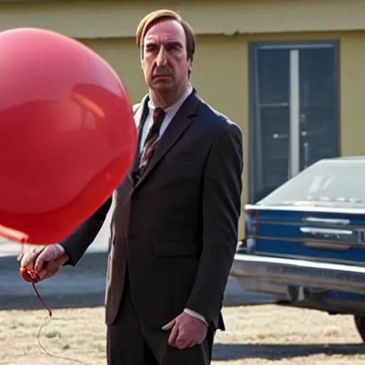 Image similar to saul goodman throwing dart at red ballon, still from better call saul