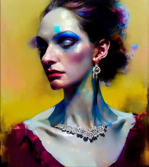 Image similar to delightful supermodel, diamond jewellery, by bartholomew beal, alfio presotto, rhads, salustiano garcia cruz, lita cabellut, contemporary art, mixed media, whimsical art, detailed,