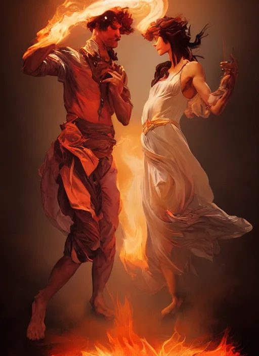 Image similar to a couple made of fire and smoke, full body view, beautiful high quality realistic fantasy art, trending on artstation by artgerm and greg rutkowski and alphonse mucha