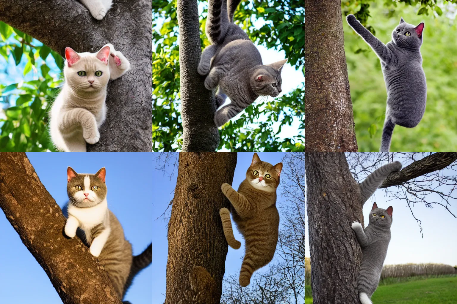 Prompt: British shorthair cat climbing up to a tree