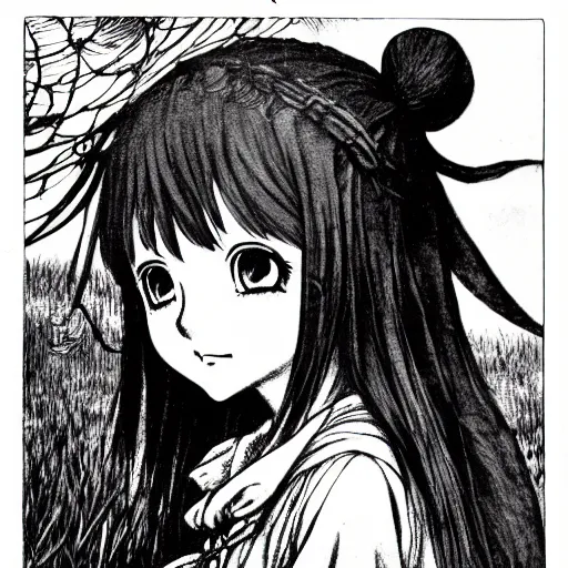 Image similar to photo of a cute young anime-style girl in the style of Arthur Rackham, realistic, wide focus, 8k ultra, insanely detailed, intricate, elegant, art by Laurie Lipton