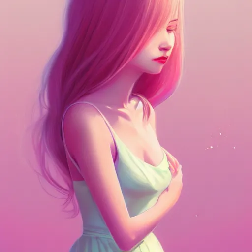 Image similar to young female in summer dress art, pastel light pink long hair, muted colors, matte print, pastel colors, ornate, digital art, digital painting, fan art, elegant, artstation, head is centered, by Ilya Kuvshinov