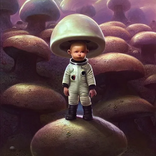 Image similar to A little boy wearing his space suit on a mushroom planet of some sort, Graceful body structure,cute,Symmetrical face,highly detailed,elegant,Marc Simonetti and Caspar David Friedrich, Trending on artstation