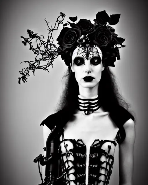 Prompt: dreamy surreal poetic black and white photo of a beautiful young silver bio-mechanical-female-vegetal-cyborg with a very long neck and a super big gothic lace collar and a very high big floral crown with many black dry roses by Vivienne Westwood:: smoke, high fashion, haute couture, rococo, avant-garde, silver filigree details, anatomical, facial muscles, cable wires, microchip, elegant, dreamy, hyper realistic, 150 mm lens, soft rim light, octane render, unreal engine, picture was taken in 1910 by Man Ray, volumetric lighting, dramatic light,8k,