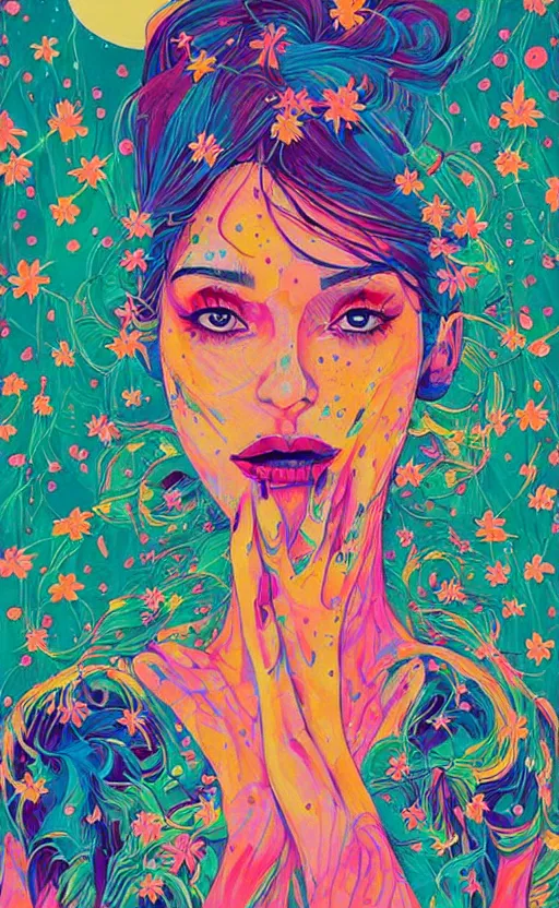 Image similar to an ultra detailed beautiful painting of a stylish woman with colorful sundress, concert poster, modern retro, symmetrical, harumi hironaka, conrad roset, greg rutkowski