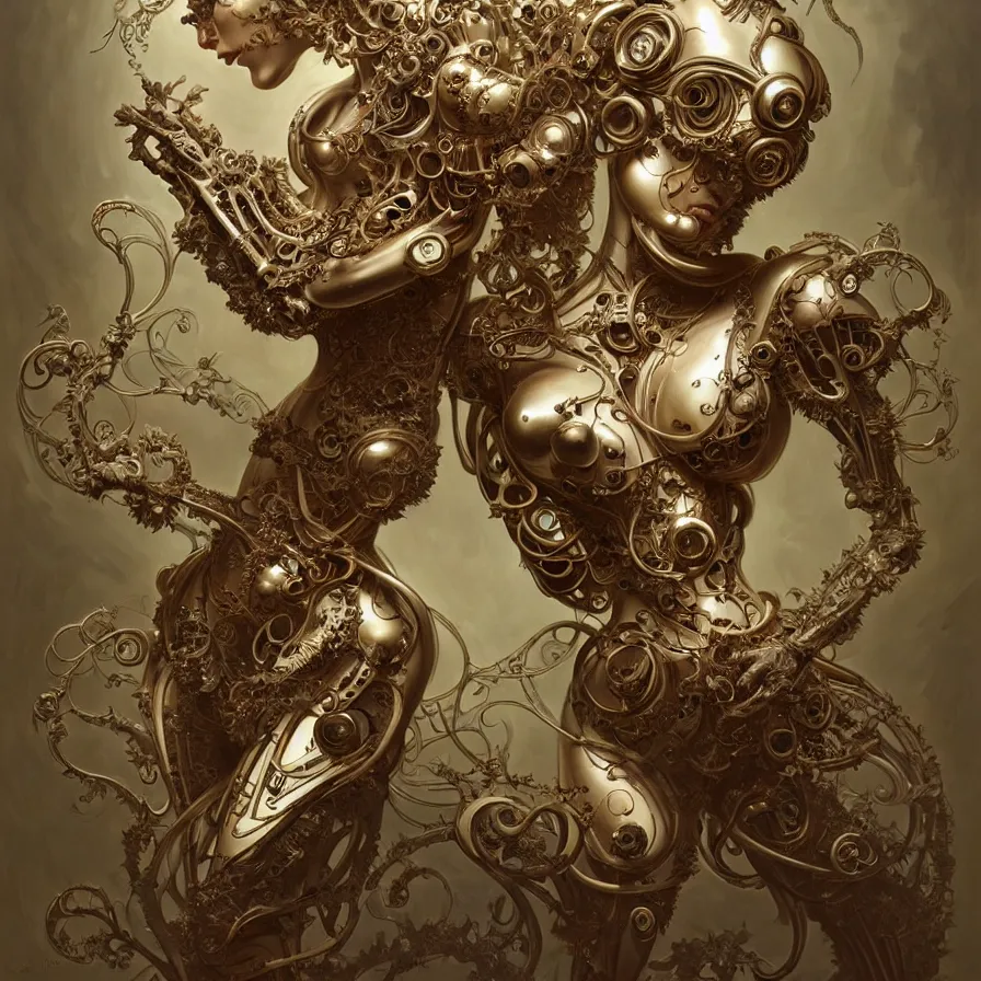 Image similar to organic cyborg, european rococo style metal carving, diffuse lighting, fantasy, intricate, elegant, highly detailed, lifelike, photorealistic, digital painting, artstation, illustration, concept art, smooth, sharp focus, art by john collier and albert aublet and krenz cushart and artem demura and alphonse mucha