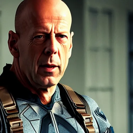 Image similar to Bruce Willis as Captain America, movie, cinematic