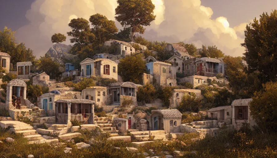 Image similar to very very small greek village, by ilya kuvshinov, rtx rendering, octane render 1 2 8 k, maya, extreme high intricate details by tom bagshaw, medium shot, close up shot, composition by sana takeda, lighting by greg rutkowski