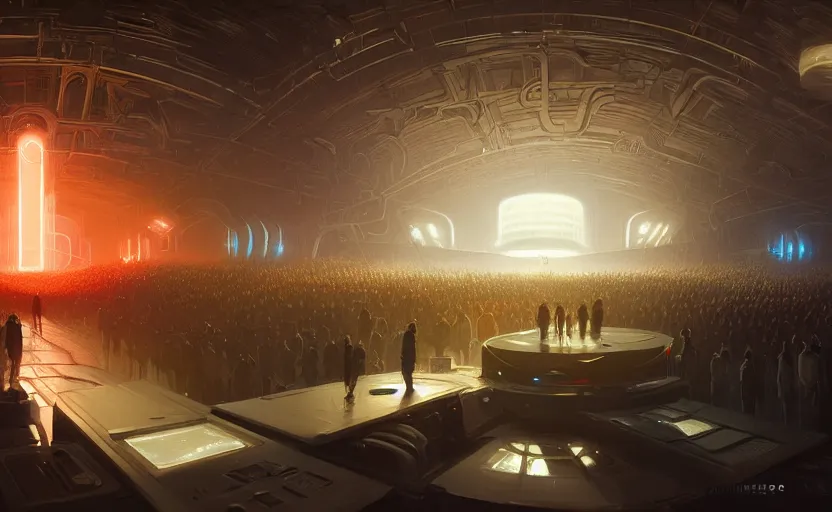 Image similar to microchip experience, qlimax stage by gensler, elegant atmosphere, glowing lights, highly detailed, digital painting, artstation, concept art, smooth, sharp focus, illustration, art by wlop, mars ravelo and greg rutkowski