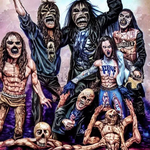 Prompt: Eddie the Head of Iron Maiden standing victoriously on a heap of bodies including famous musicians