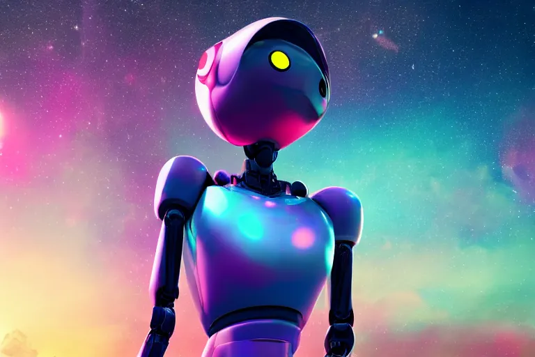 Image similar to a beautiful calm robot girl looking up to the stars, photograph, colorful background, render, 3 d, render, 8 k, 4 d,