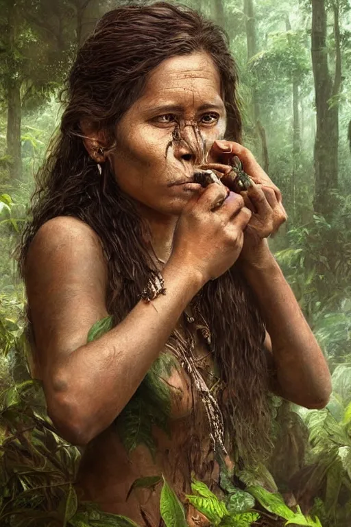 Prompt: a beautiful portrait of an ashaninka woman taking tobacco snuff in the jungle, hyper realistic face, fantasy art, in the style of greg rutkowski, intricate, matte painting, hyper detailed, smooth