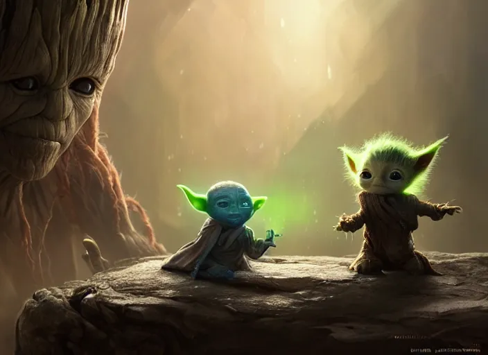 Prompt: a dramatic highly detailed render of baby groot and baby yoda sitting together, futuristic marvel and star wars vibe, by WLOP and Artgerm and Greg Rutkowski and Alphonse Mucha, Beautiful dynamic dramatic dark moody lighting, shadows, cinematic atmosphere, Artstation, concept design art, Octane render, 8K, masterpiece, sharp focus, hyperrealistic