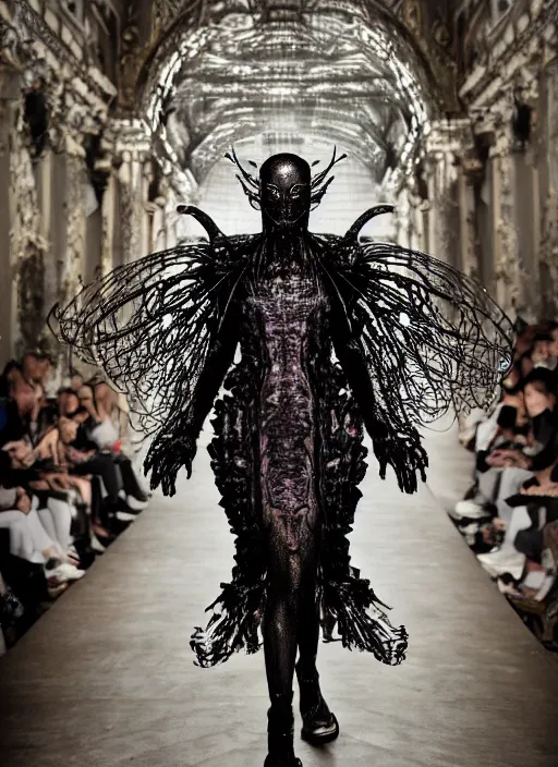 Image similar to walking down the catwalk, ben watts, show, stage, vogue photo, podium, fashion show photo, historical baroque dress dark, iris van herpen, beautiful woman, masterpiece, intricate, biopunk, vogue, full body shot, alien, plant predator, guyver, jellyfish, white biomechanical details, highly detailed