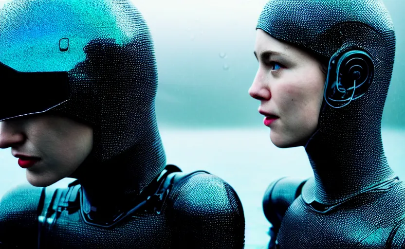 Image similar to cinestill 5 0 d candid photographic portrait by christopher nolan of two loving female androids wearing rugged black mesh techwear in treacherous waters, extreme closeup, modern cyberpunk retrofuturism moody emotional cinematic, pouring iridescent rain, 8 k, hd, high resolution, 3 5 mm, f / 3 2, ultra realistic faces, ex machina