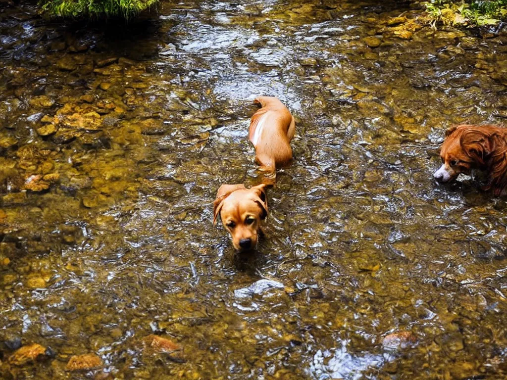 Prompt: a dog standing!!!!! in a stream!!!!!, looking down, reflection in water, ripples, beautiful!!!!!! swiss forest, photograph, character design, national geographic, soft focus