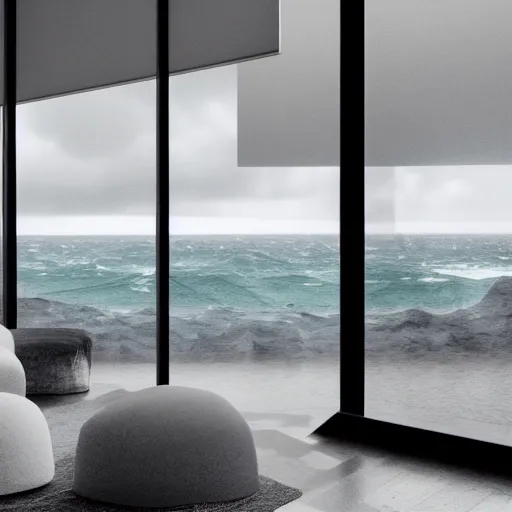 Image similar to brutalist open living room, big windows, showing storm ocean landscape on background, minimalist architecture, minimalist furniture, octane render, high quality, 8 k, post production