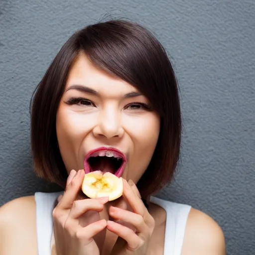 Image similar to close up photography of a woman that is about to bite into a banana but she just didnt do it yet, profile, close camera