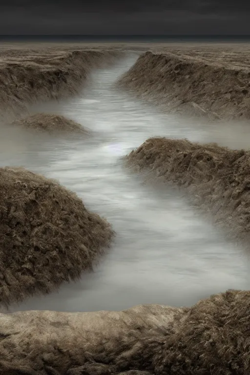 Prompt: muddy river joining seashore by hiroshi yoshida, marc simonetti, roger deakins, turner, rothko, hyperrealistic, cinematic, rock plateau, dramatic stormy scene, sunset, matte painting, fluid simulation, tonalism, volumetric light, trending on artstation, 8 k high detail concept art, top view, rendered in octane