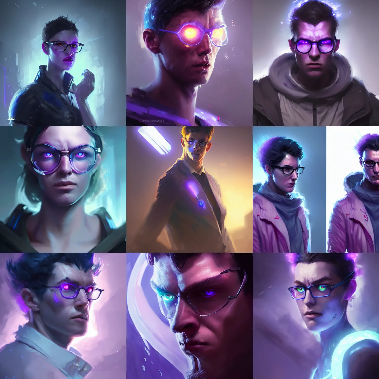 Prompt: a pissed right off genetically engineered nerd, by greg rutkowski, blue and purple lighting, digital art, ultra realistic, ultra detailed, photorealistic, 4k, character concept