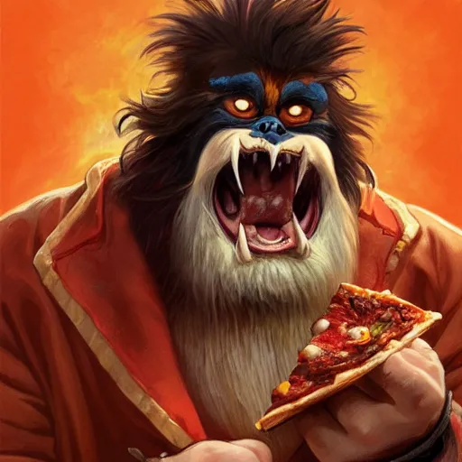 Image similar to portrait of gritty opening his mouth to eat pizza, also smashing pizza with his fists, highly detailed, digital painting, artstation, concept art, sharp focus, illustration, art by artgerm and greg rutkowski and alphonse mucha