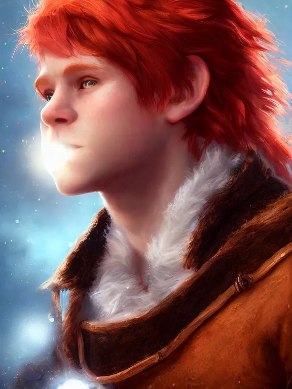 Image similar to portrait art of red - haired halfling bard 1 9 year old, 8 k ultra realistic, lens flare, atmosphere, glow, detailed, intricate, full of colour, cinematic lighting, trending on artstation, 4 k, hyperrealistic, focused, extreme details, unreal engine 5, cinematic, masterpiece