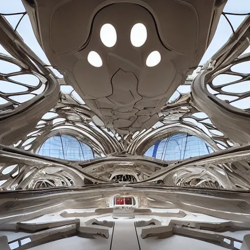 Prompt: Mars research facility designed by Zaha Hadid with baroque elements. Ultra futuristic design that combines ornate baroque with clean organic minimalist forms.. Beautiful space with epic details