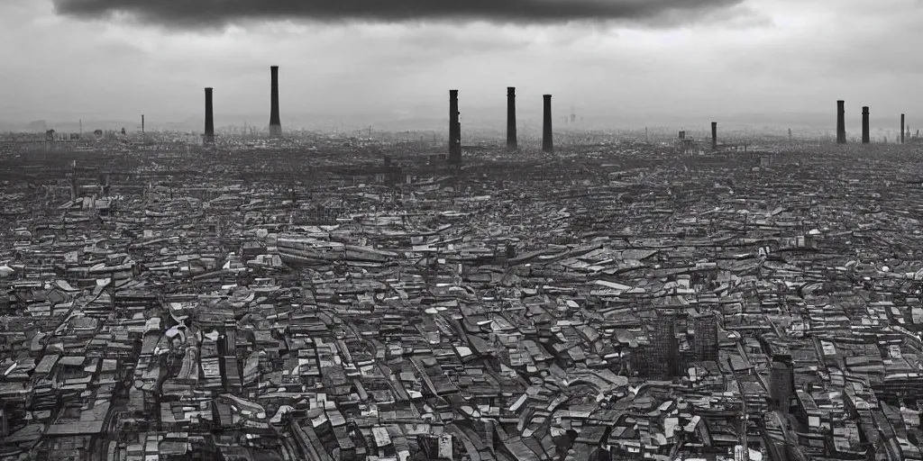 Image similar to a big industrial city metropoli in the distance, cloudy sky