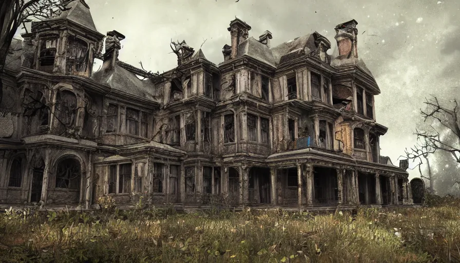 Image similar to abandoned victorian manor, lot of cobwebs, dusty ground, creepy painting, fps view, video game, riflegun, hyperdetailed, artstation, cgsociety, 8 k