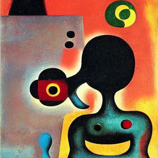 Image similar to Oil painting by Rufino Tamayo. Mechanical gods with bird faces kissing. Oil painting by Joan Miro.