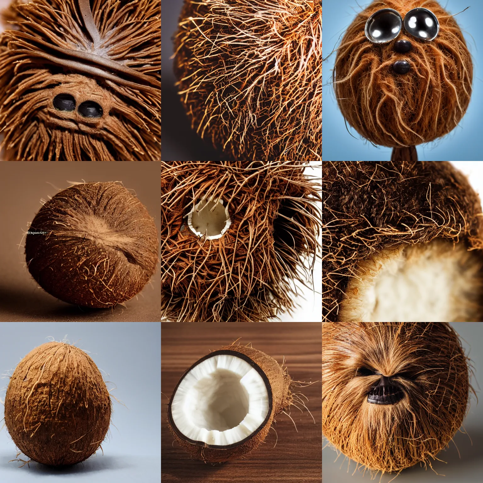 Image similar to a coconut that looks like chewbacca, macro lens, high quality, studio lighting