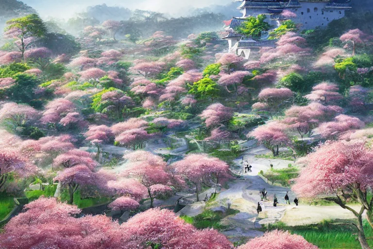 Prompt: Brutalist Himeji Castle Shiro in Lush Valley, amazing cinematic concept painting fantasy landscape, by Jessica Rossier, in the valley of garden of eden wildflowers and grasses, terraced orchards and ponds, lush fertile fecund, fruit trees, birds in flight, animals wildlife