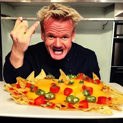 Prompt: Gordon Ramsey reacting to very very very very delicious nachos expertly arranged and presented