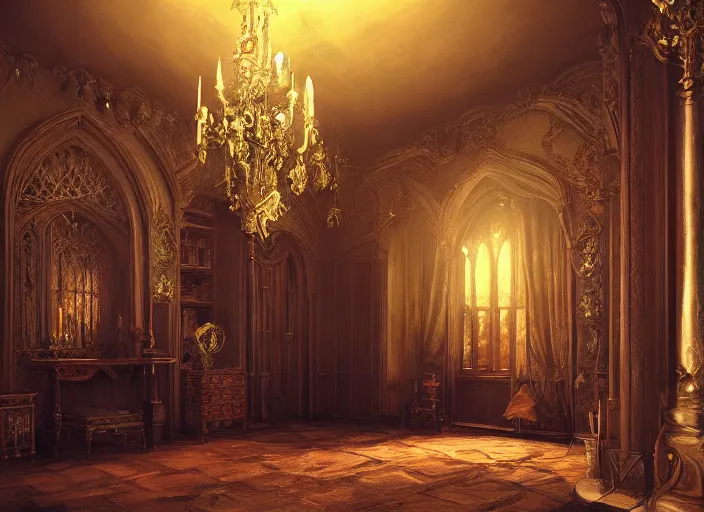 Prompt: a room inside a gothic mansion, ornate, elegant, artwork, paint, soft lighting, complimentary, digital art, realism, artstation