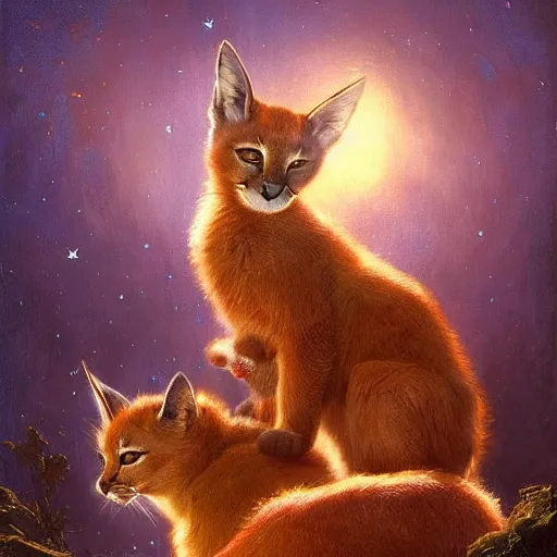 Image similar to three cute caracals wearing red bows, campfire, night, atmospheric lighting, intricate, volumetric lighting, digital art, highly detailed by gaston bussiere, craig mullins, j. c. leyendecker 8 k