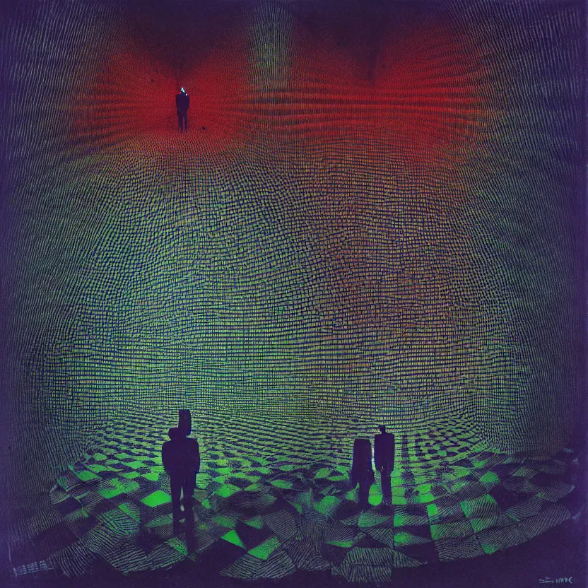 Image similar to two people standing on top of a checkered floor, an album cover by syd barrett, tumblr, neo - expressionism, darksynth, nightmare, cosmic horror